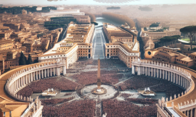 Piazza San Pietro gremita e colomba bianca che vola